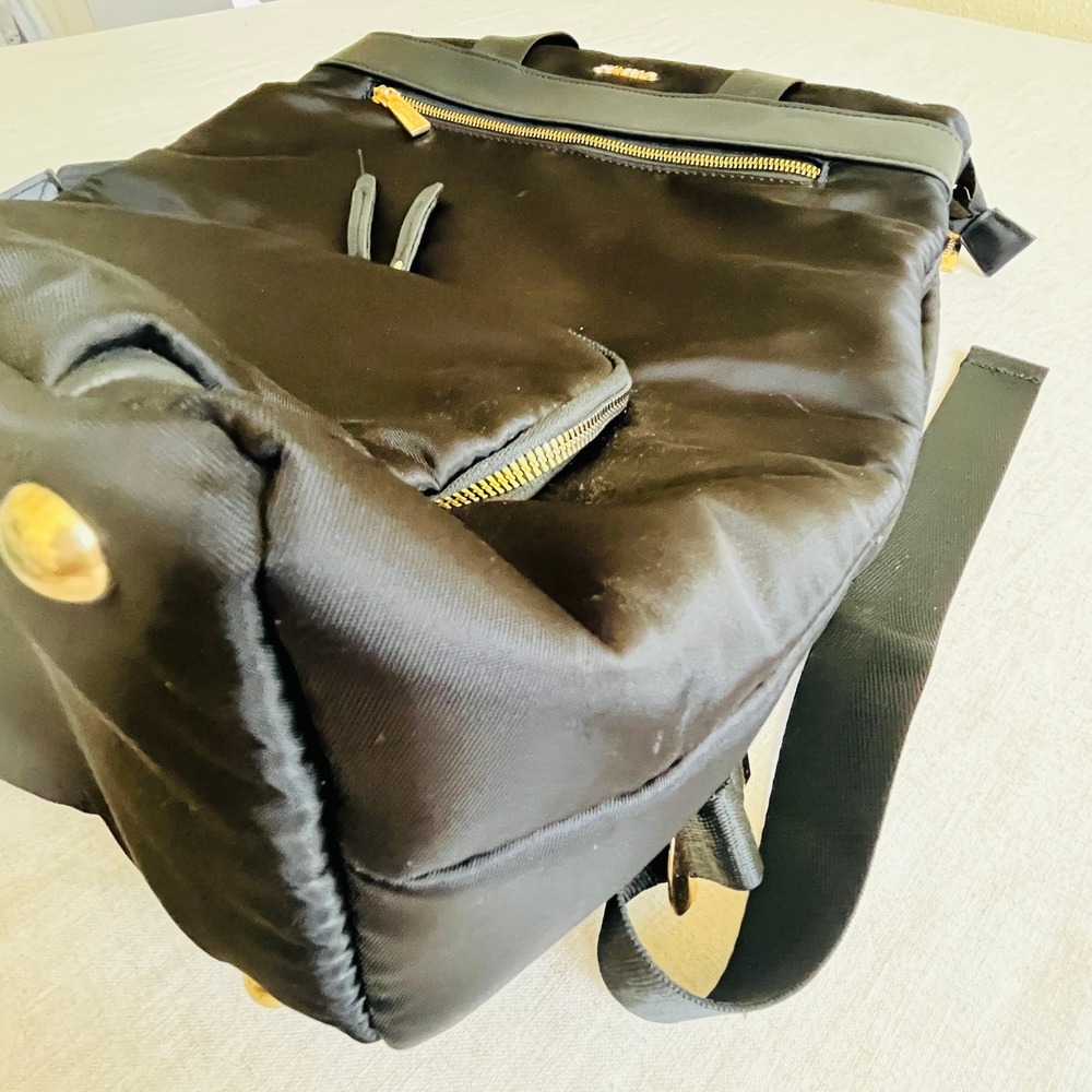 Joan & David Black Nylon Backpack Laptop Bag Gold Hardware Travel Luggage Sleeve - Picture 3 of 8
